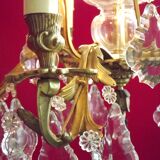 French antique 5 light brass crystal & glass acanthus leaf chandelier