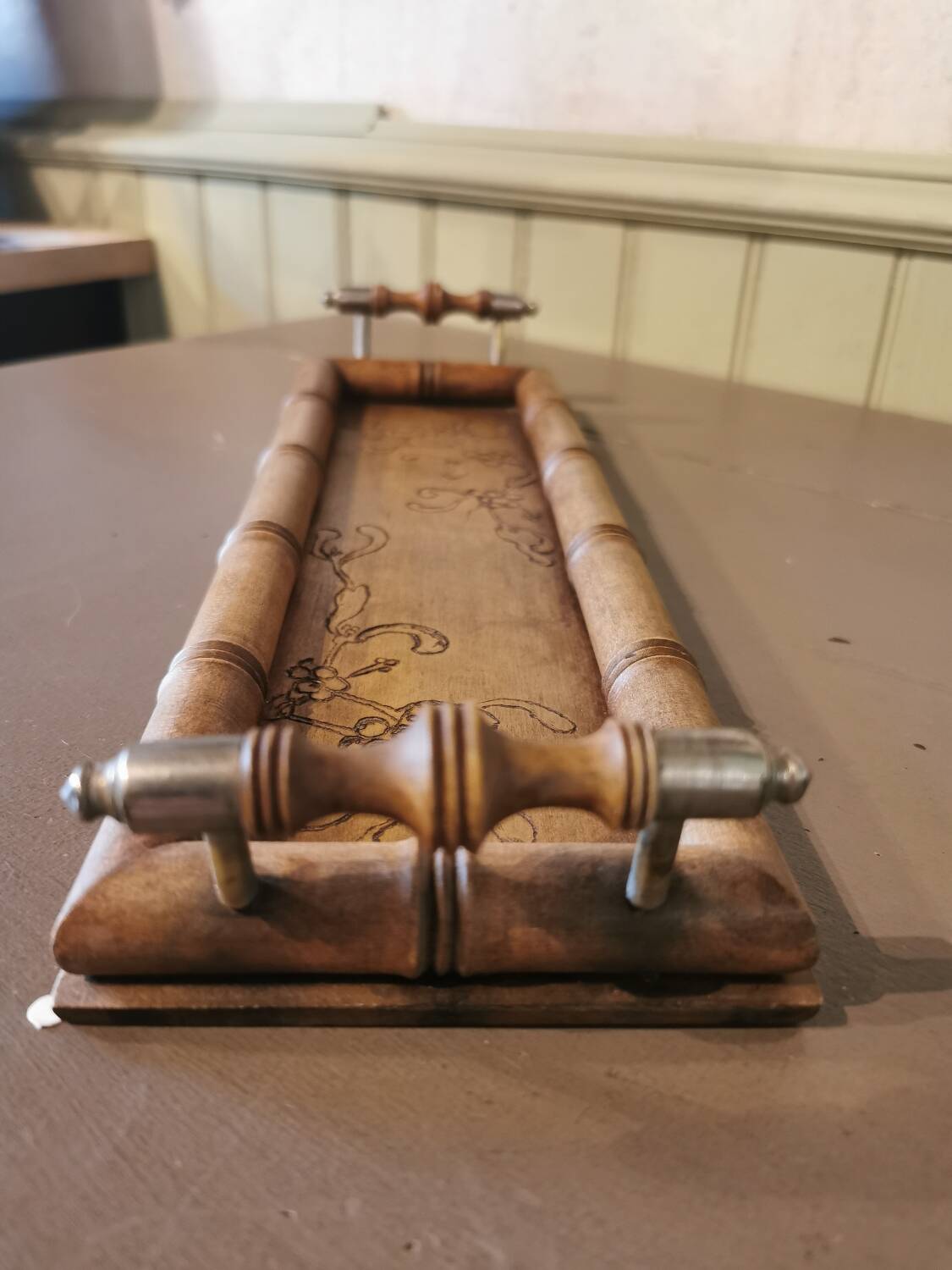 Art Nouveau wood and metal tray