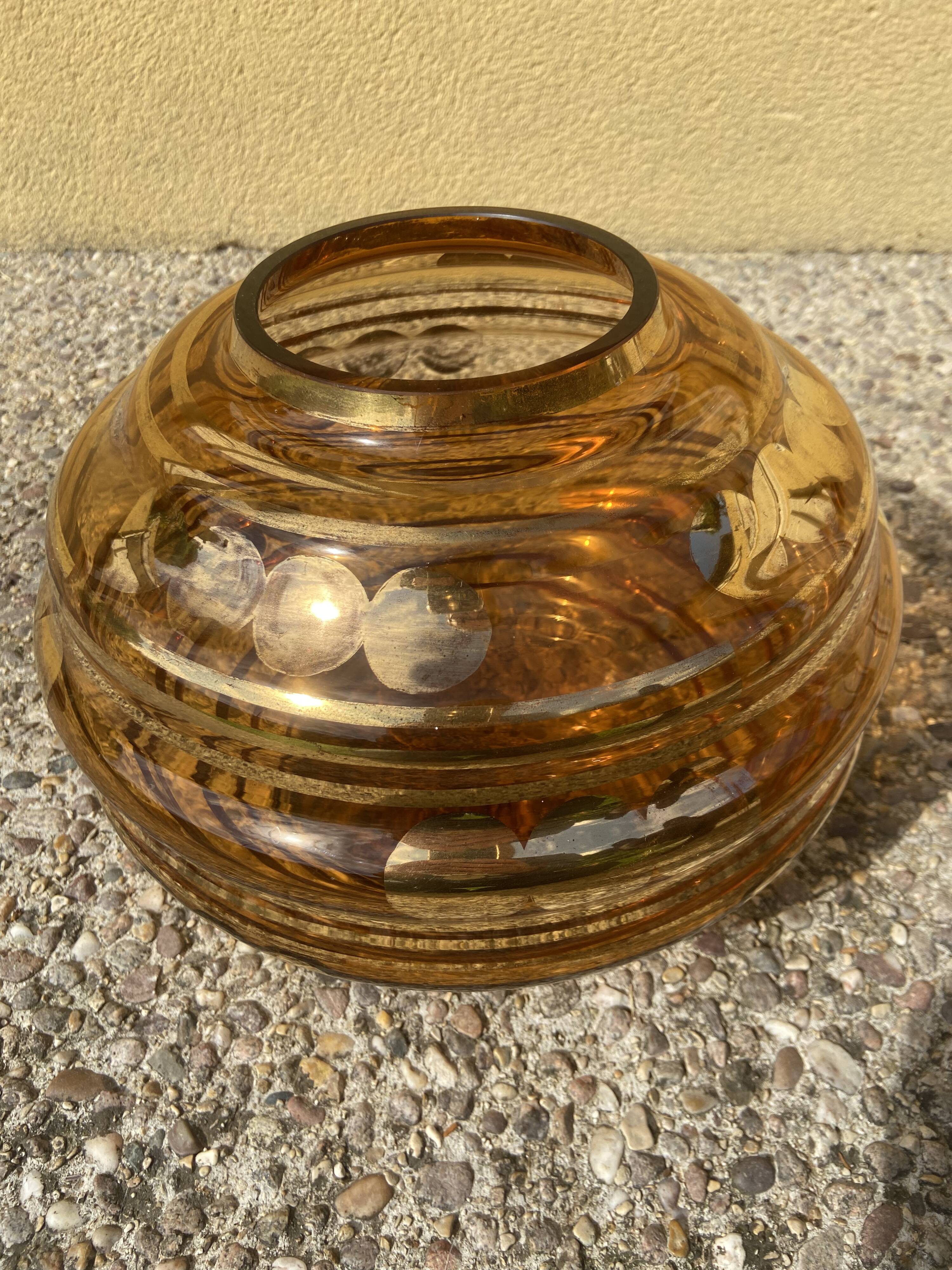 Large Art Deco round vase in amber glass signed Fains, circa 1930.