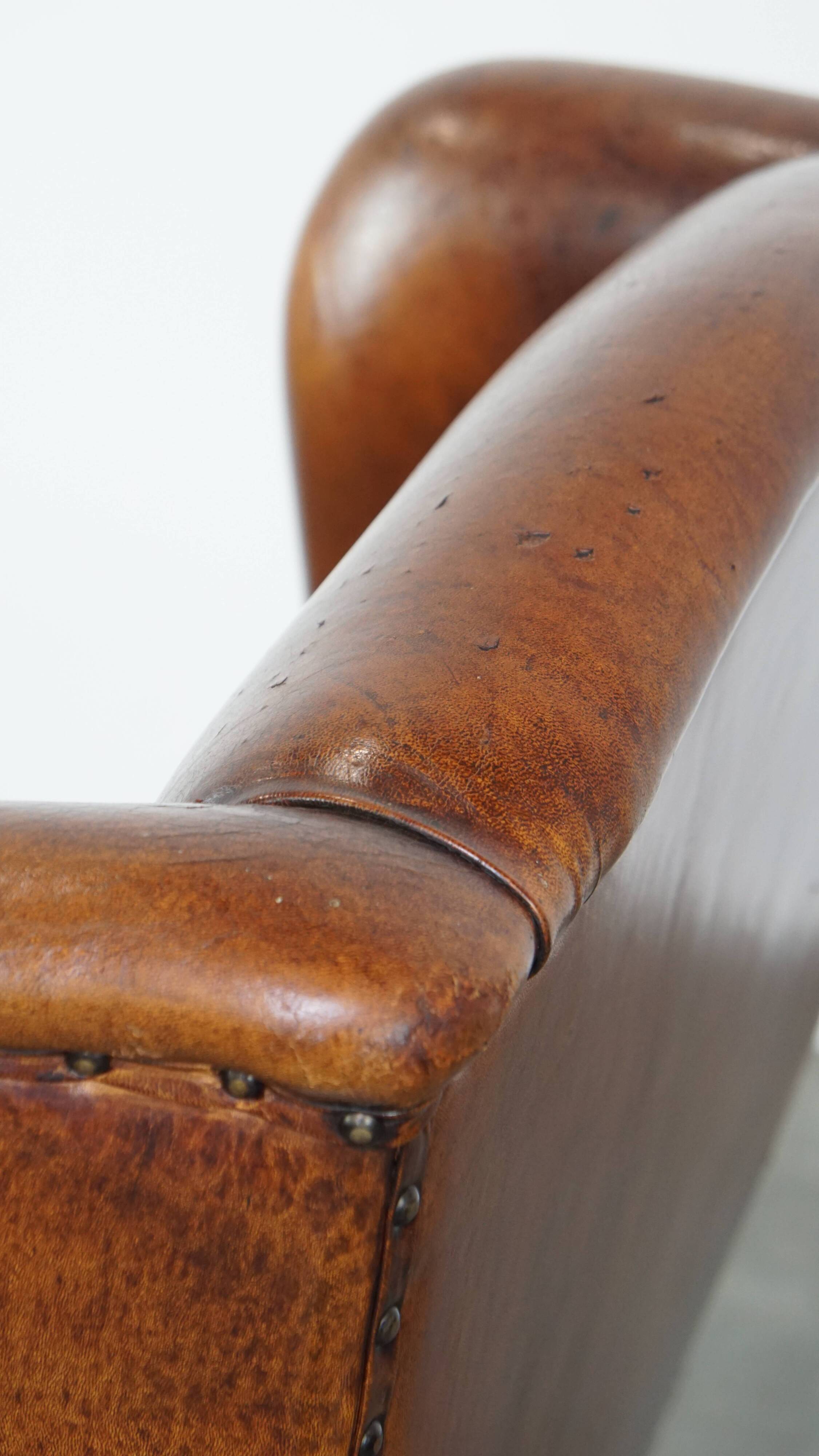 Large Vintage Sheepskin Leather Wingback Chair