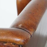 Large Vintage Sheepskin Leather Wingback Chair