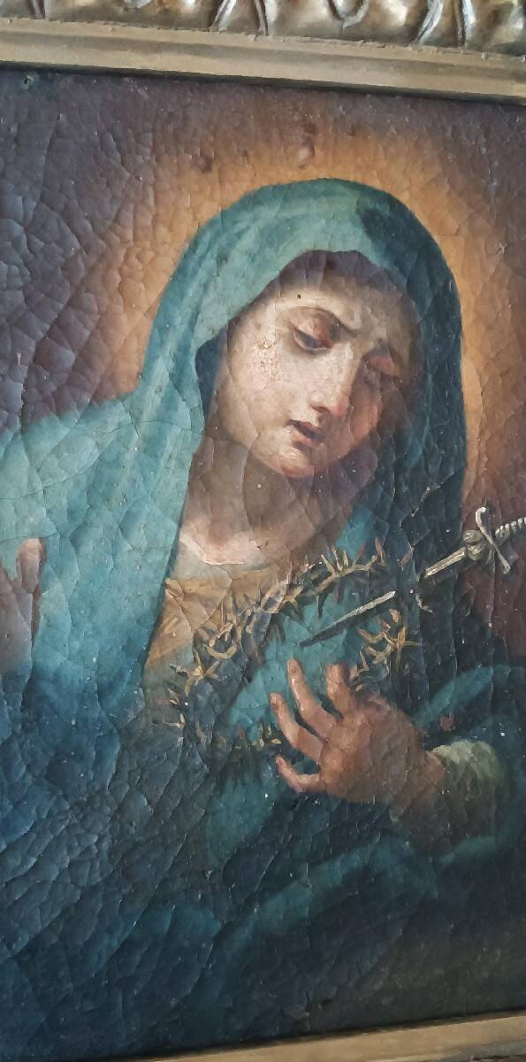Old oil painting on canvas "Our Lady of Sorrows"