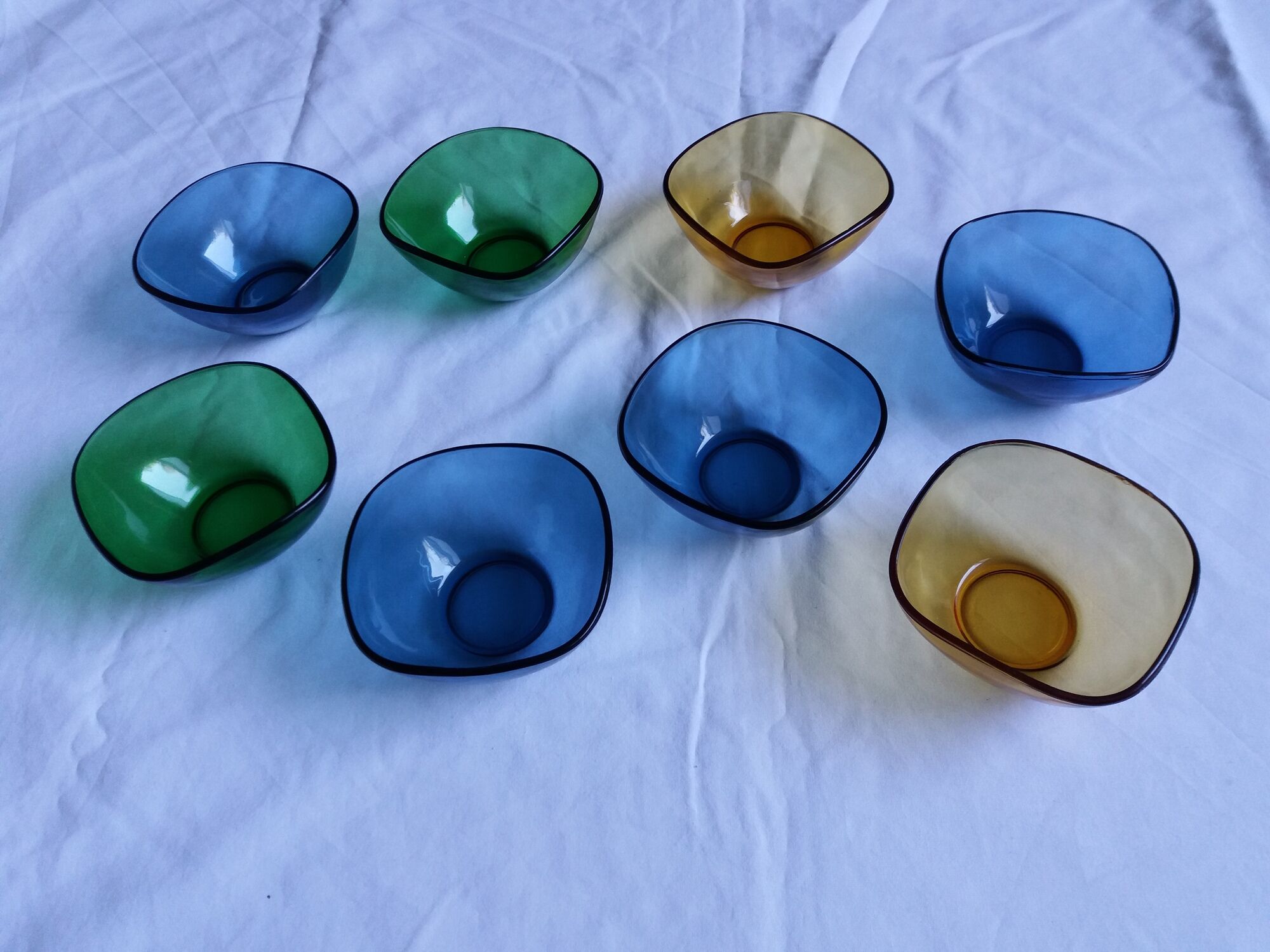 Vereco amber, blue and green glass cups set of 8