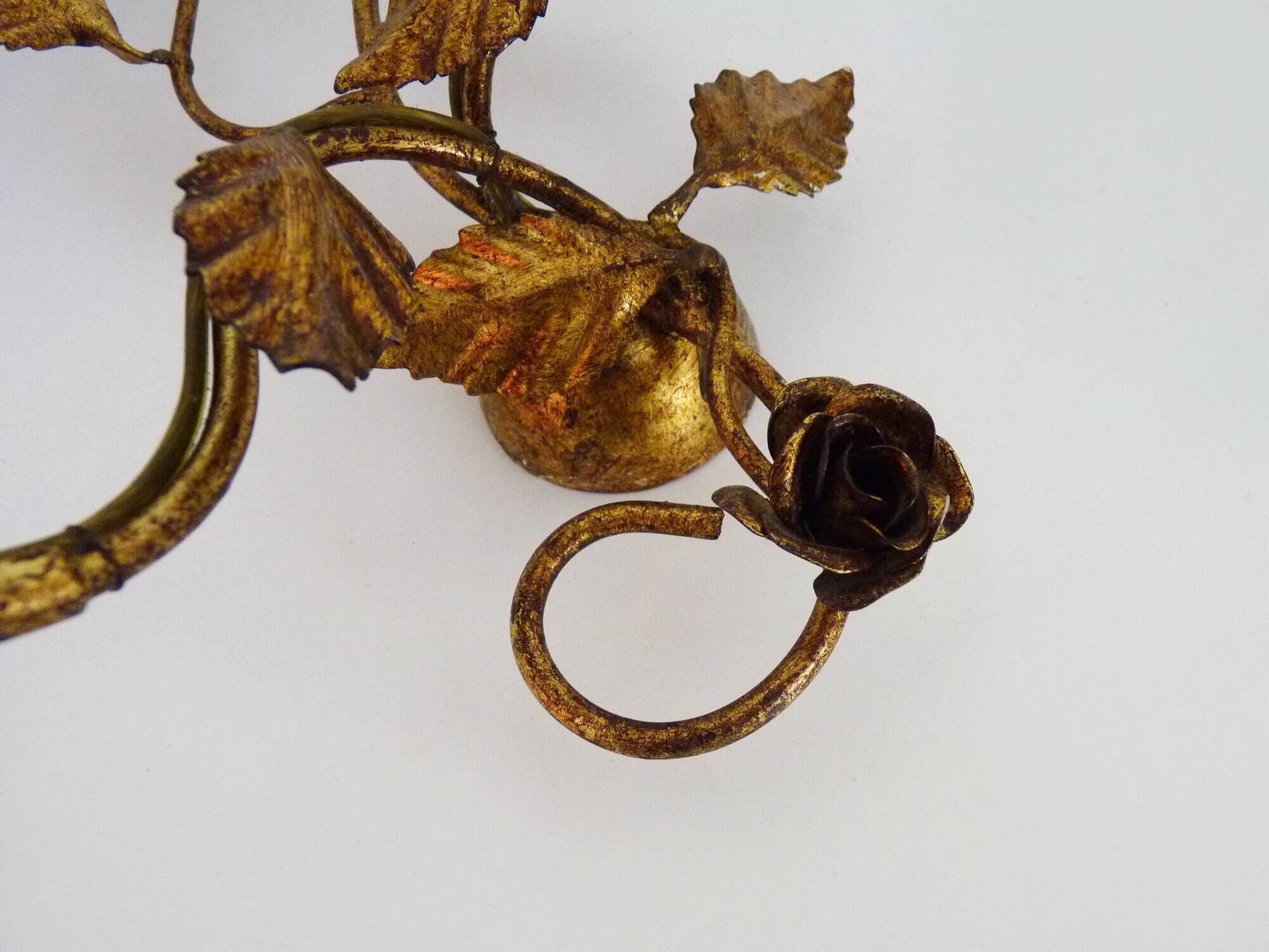 Pair of vintage wall lights with gold metal foliage flowers, 1960s