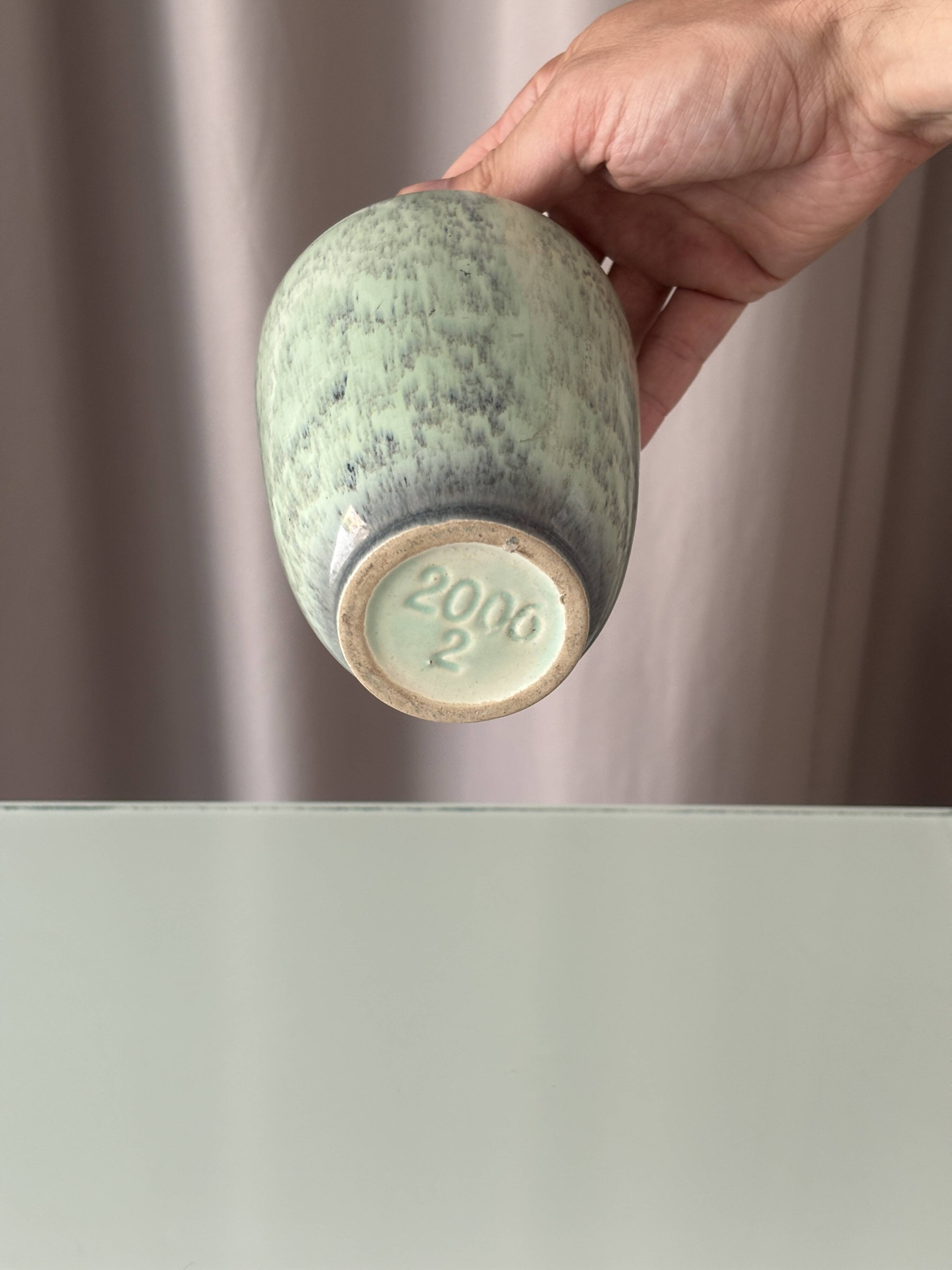 Vintage Studio Pottery Vase with Mottled Celadon Green Glaze