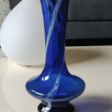Long flared neck ball vase. Smoked scrolls in cobalt blue art glass, 30cm