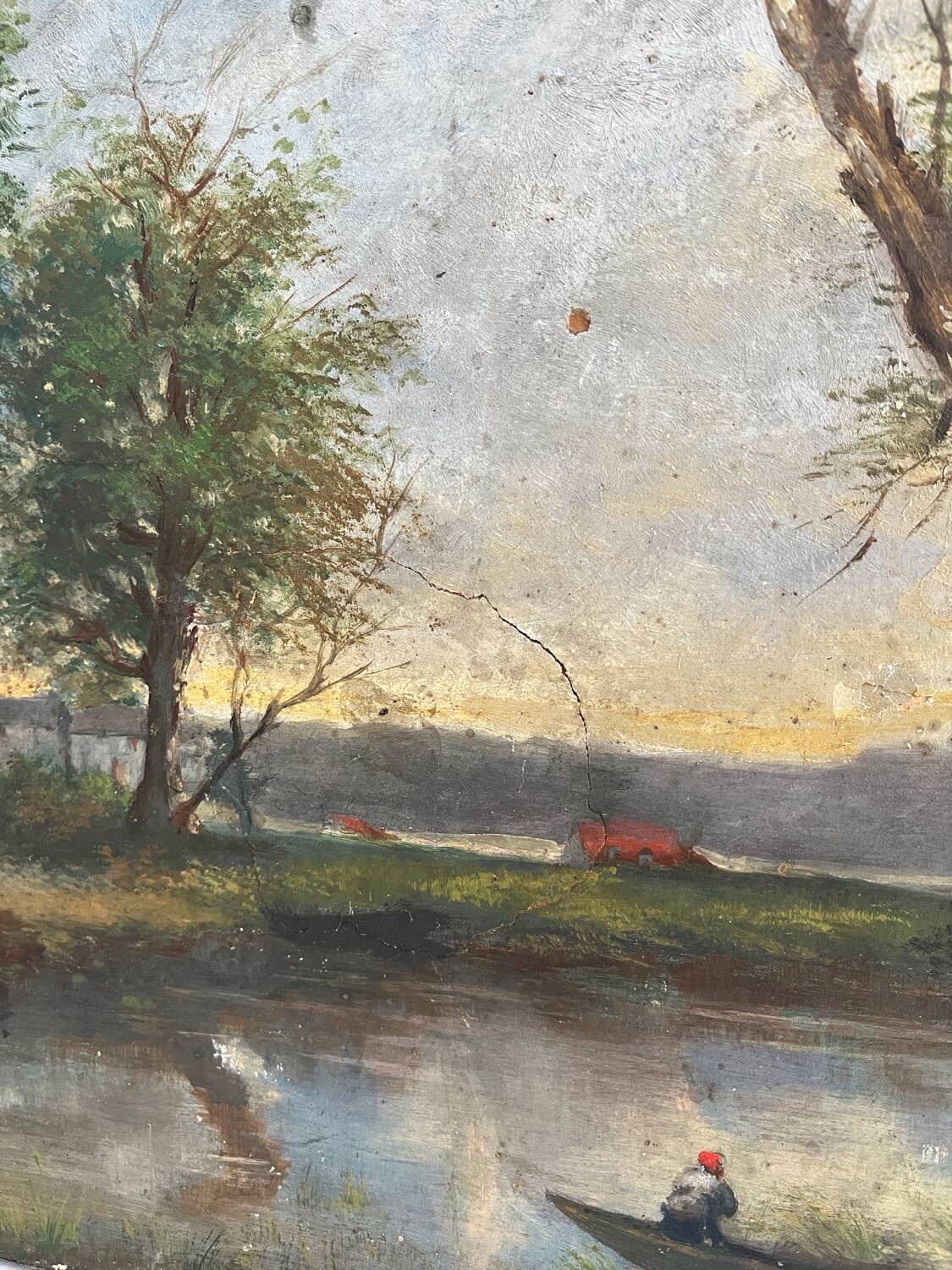 Old oil painting on canvas of a landscape by the pond.