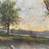 Old oil painting on canvas of a landscape by the pond.