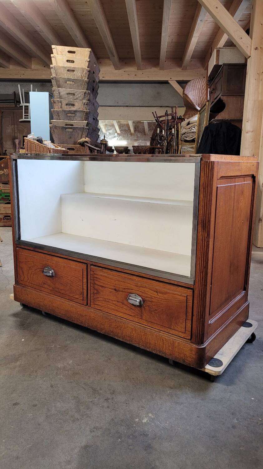 Shop counter display cabinet with old drawers, 1900s