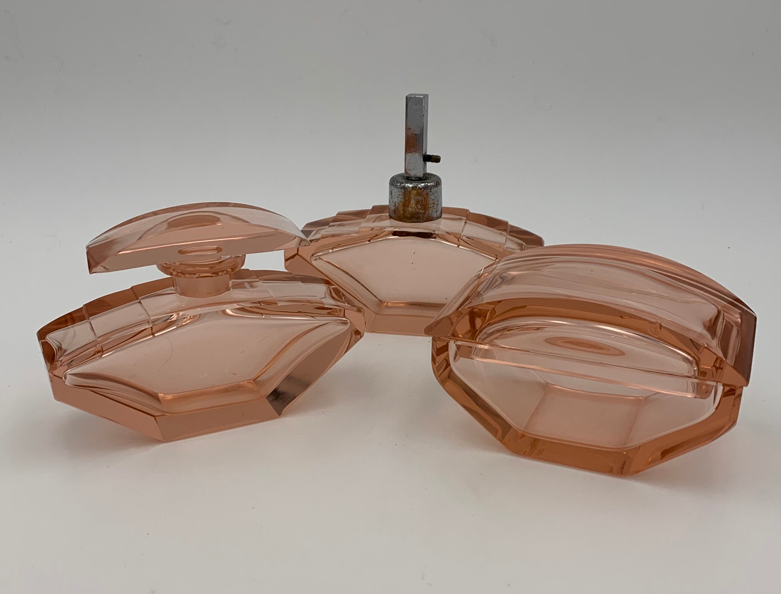 Art deco toilet top pink glass 3 pieces 1930s