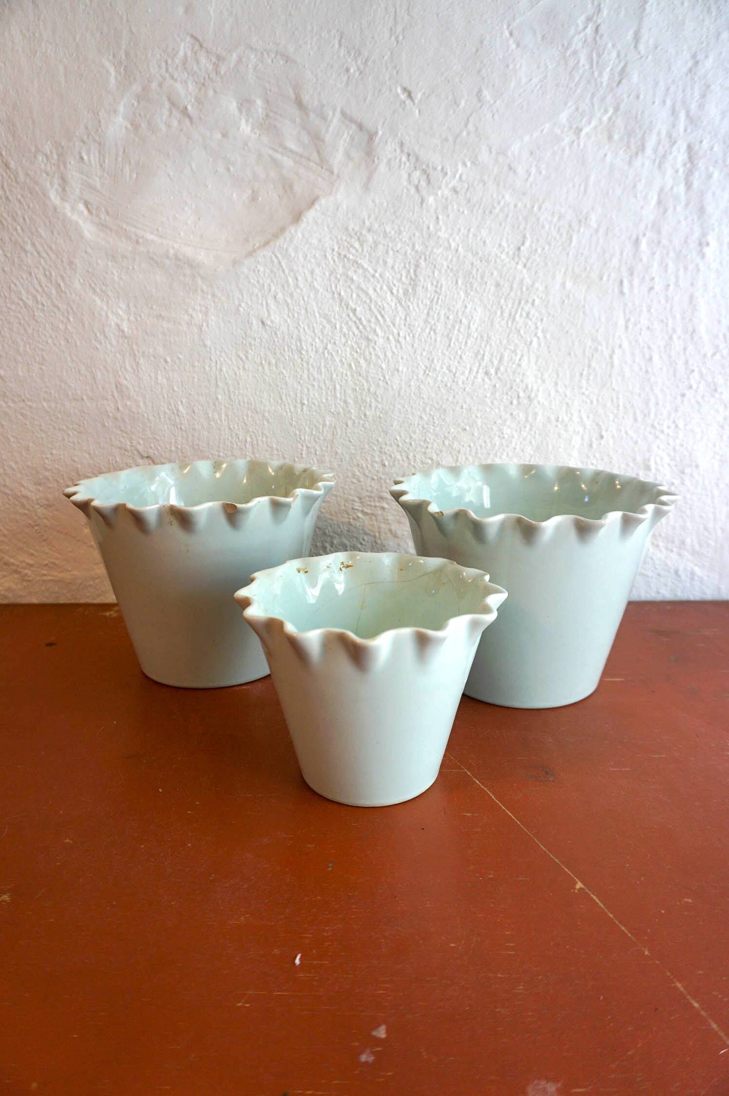 Celedon baby blue flower pots with ruffled lips set of 3