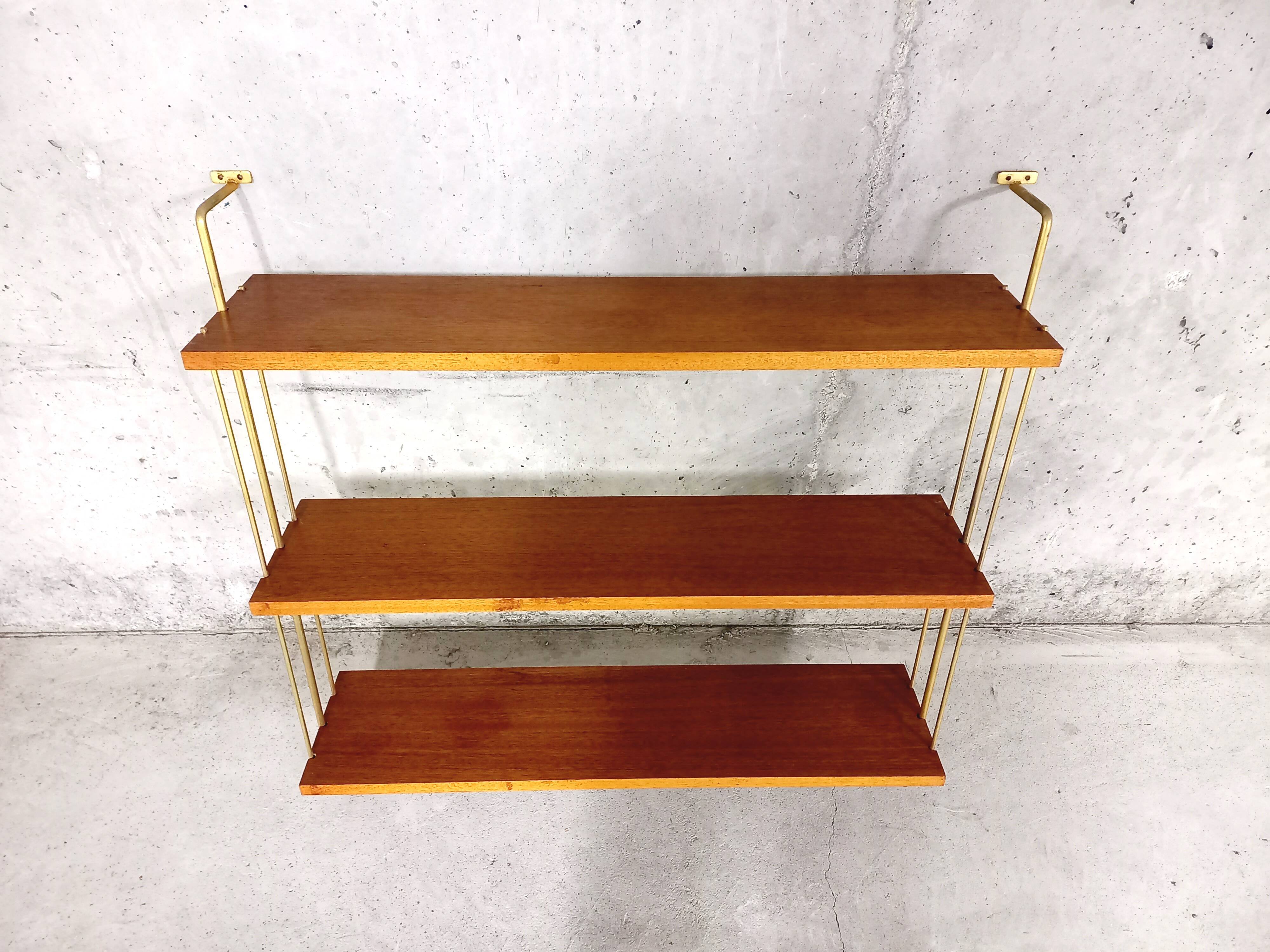 Vintage wall shelf in teak and golden brass String Tomado style