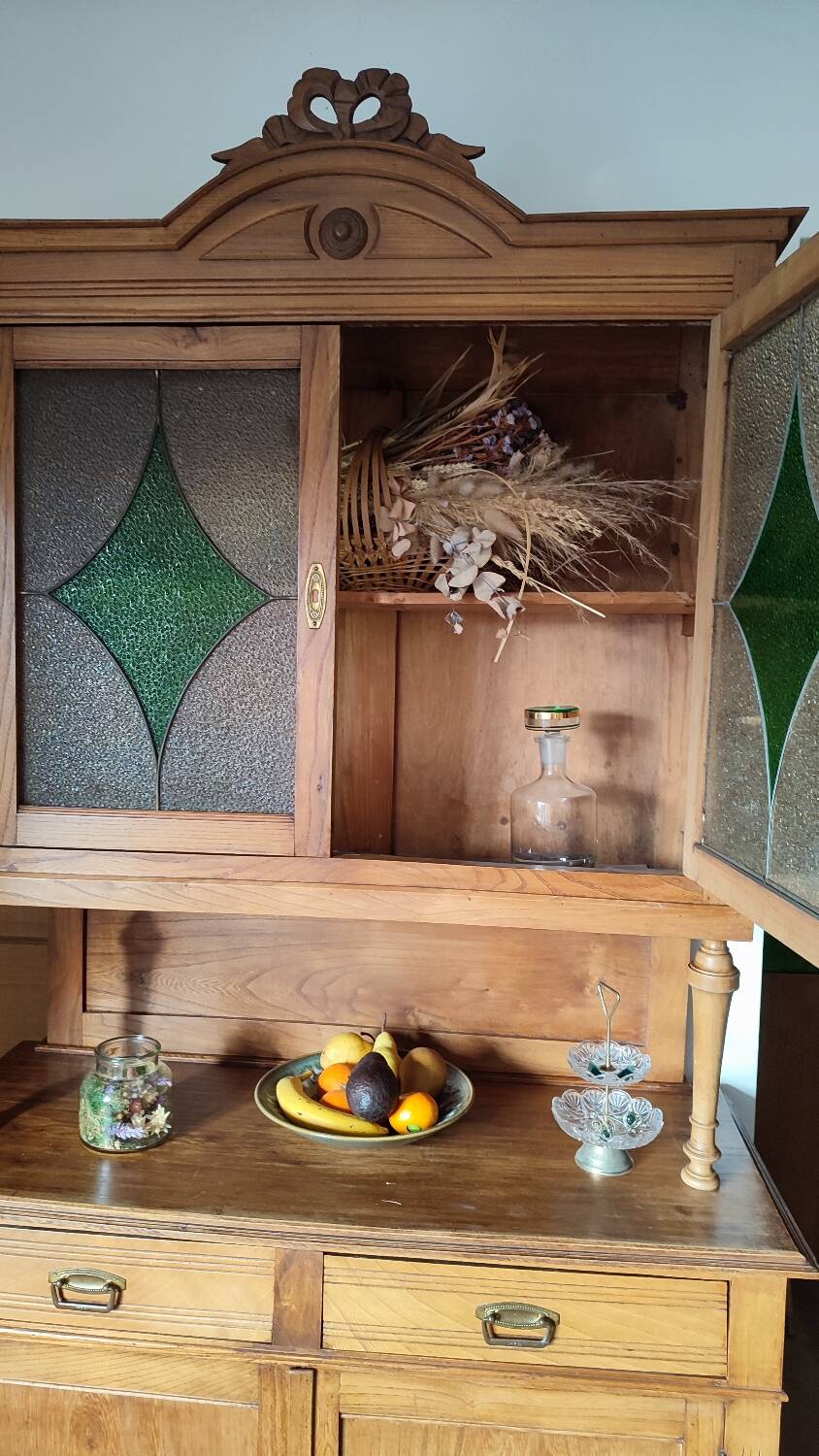 2-part wooden and stained-glass sideboard