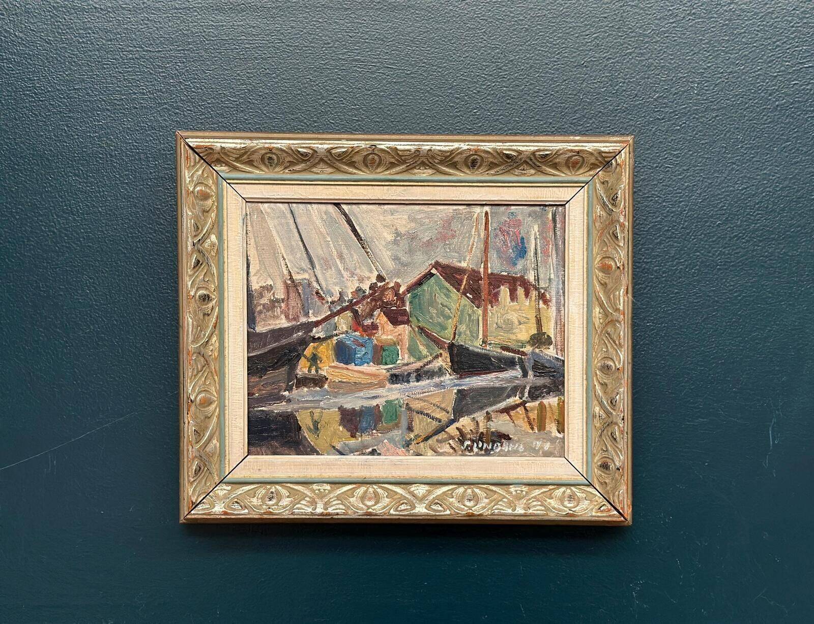 Huile sur toile suédoise d'époque mi-siècle – « Scène de port » par Sten Lindahl – Vintage et encadrée