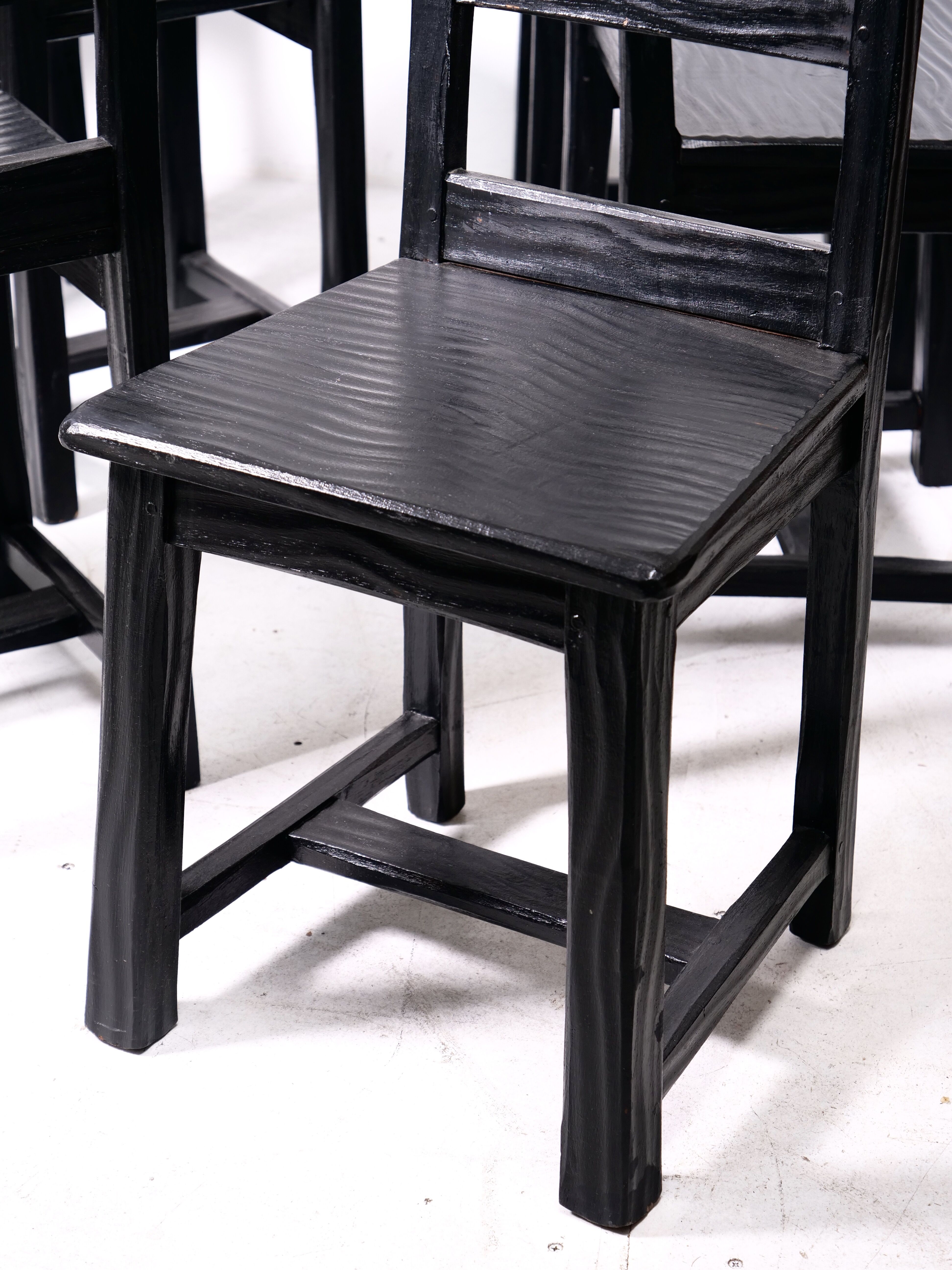 Set of 6 black brutalist chairs in solid oak