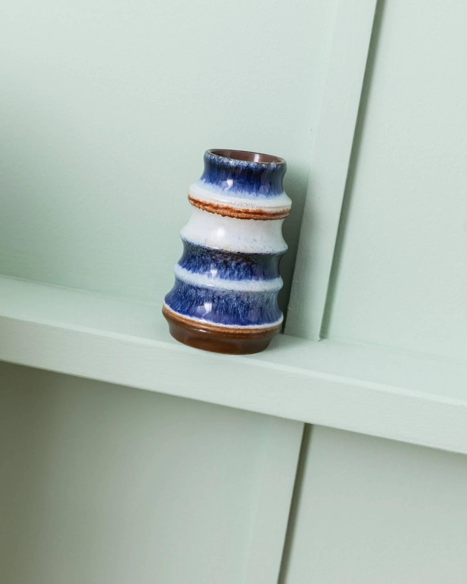 Blue and White Striped Ceramic Vase by Strehla – German Mid-Century, 1960s