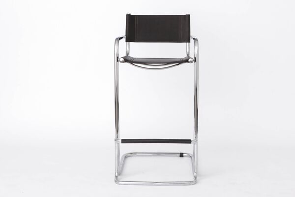 Tabouret de bar cantilever vintage, cadre en chrome, simili cuir noir, années 1990.