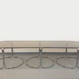 Large vintage modular oval dining table in smoked glass and chromed metal, Space Age style, 70s