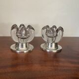 Pair of candle holders in crystal and vintage silver metal