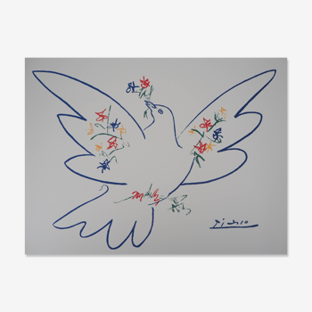Pablo Picasso : La colombe aux rameaux de fleurs, Lithographie signée