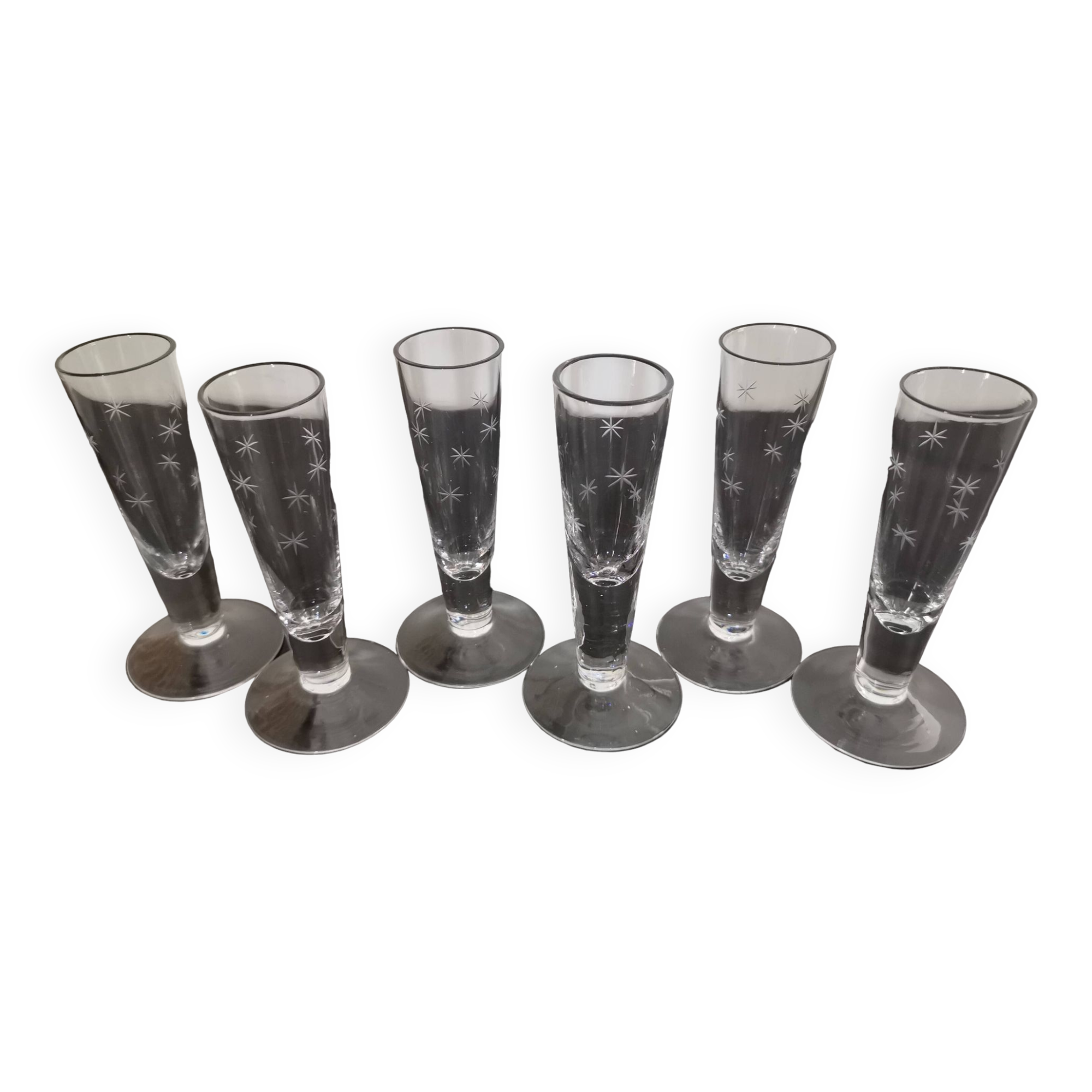 6 small antique hand-blown crystal flutes