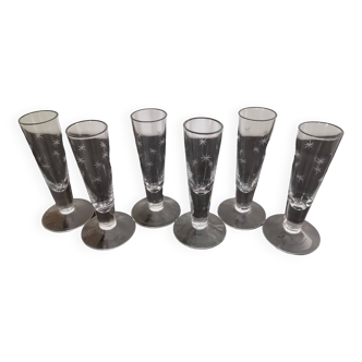 6 small antique hand-blown crystal flutes