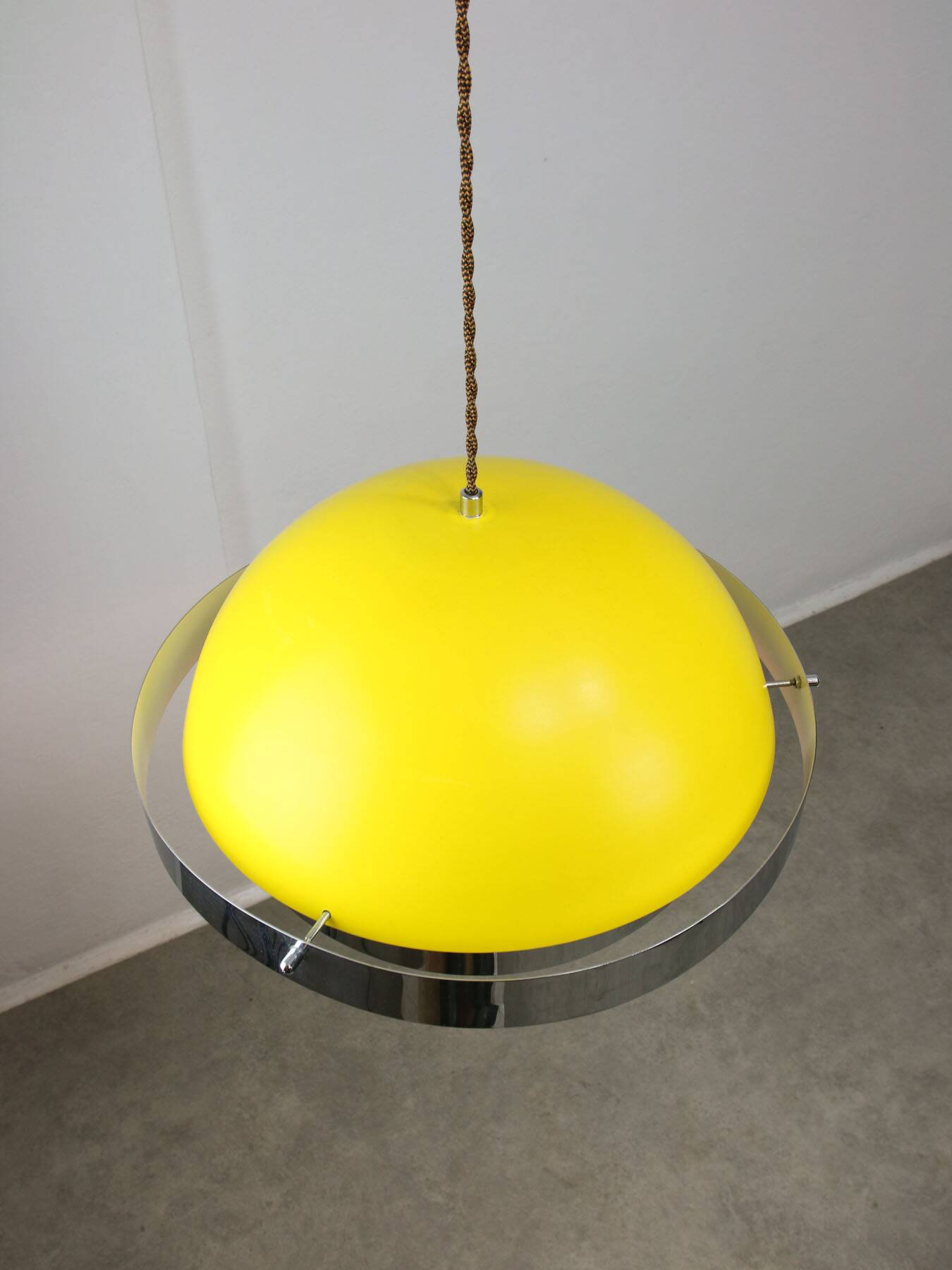Space-age italian yellow and chrome metal pendant lamp, 1970s