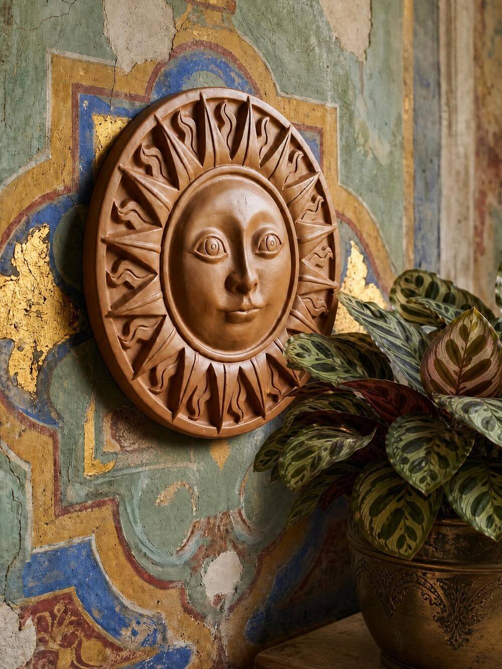 Plaque murale soleil anthropomorphe en terre cuite patinée, Italie 1996