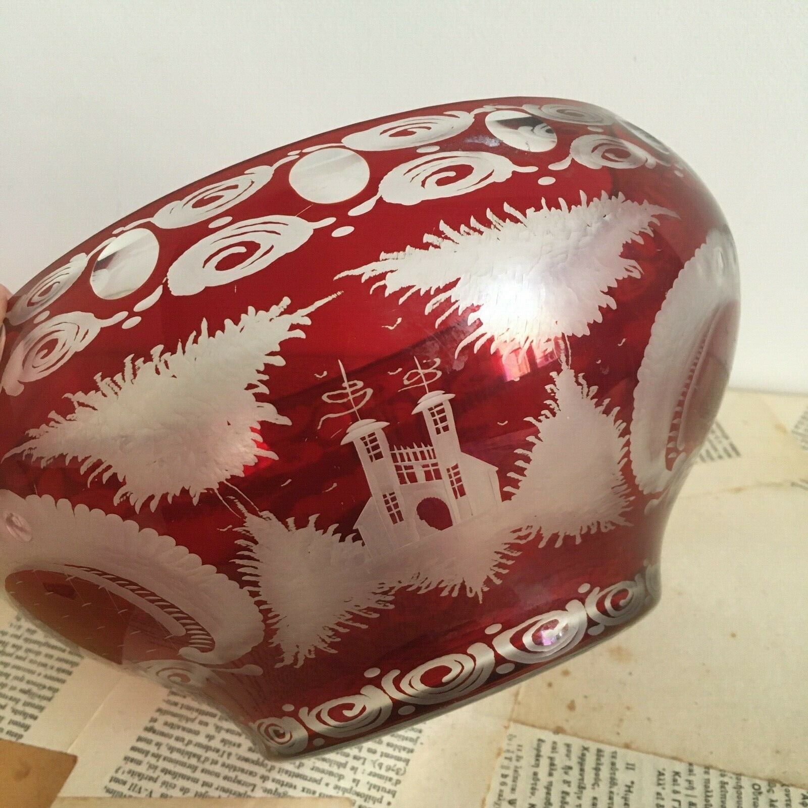 Old Cup Bohemian Crystal Bowl Cut & Engraved Ruby Red
