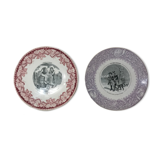 Pair of humorous talking plates signed Luneville