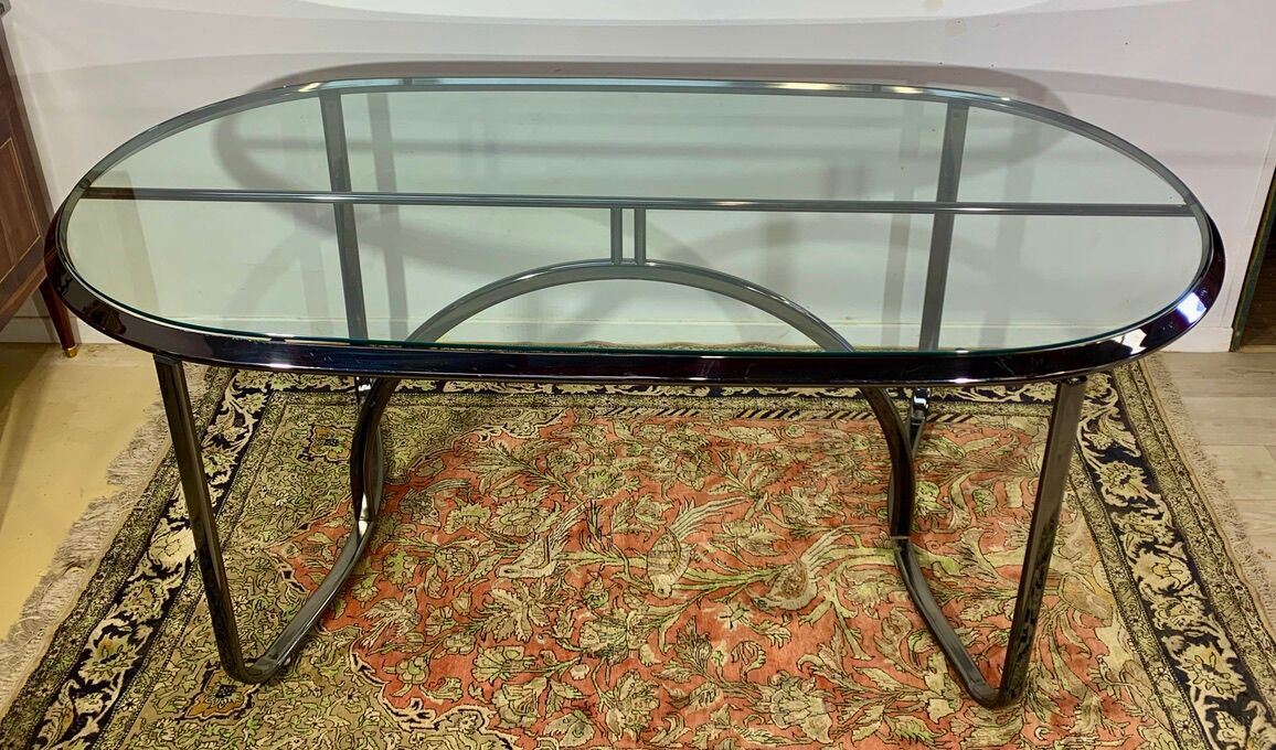 Glass and chrome steel table, design italy 1960