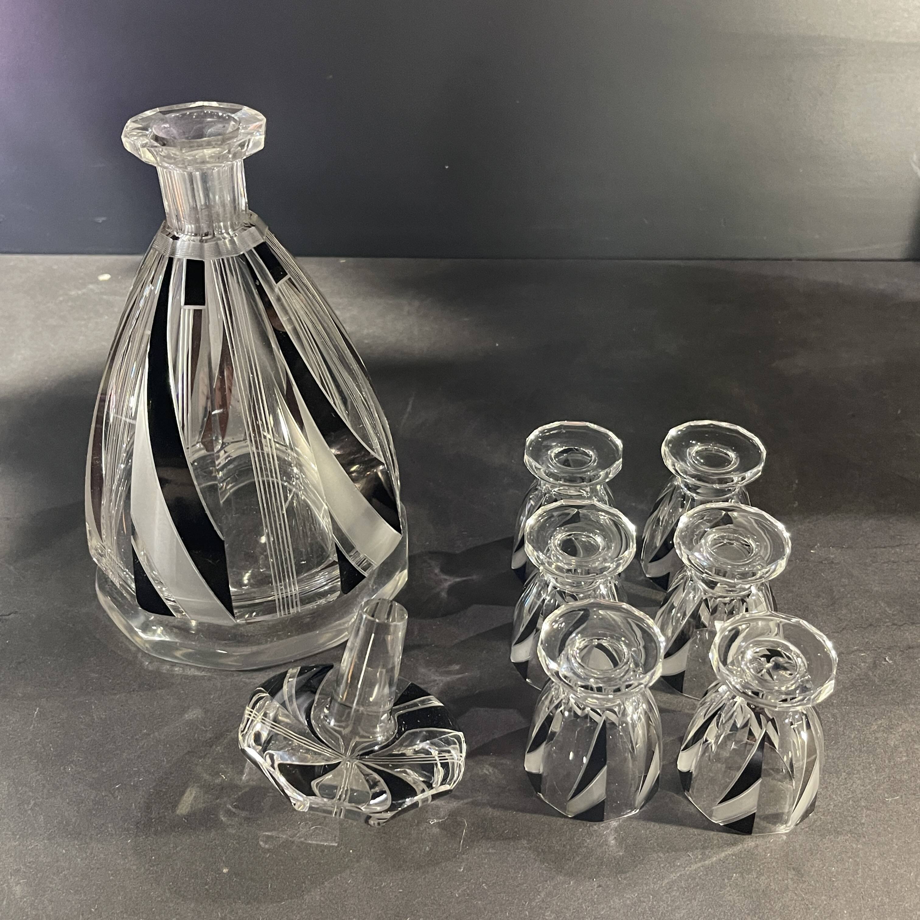 Art deco liqueur set, carafe & 6 glasses, cut double crystal, cubist decor, karl palda