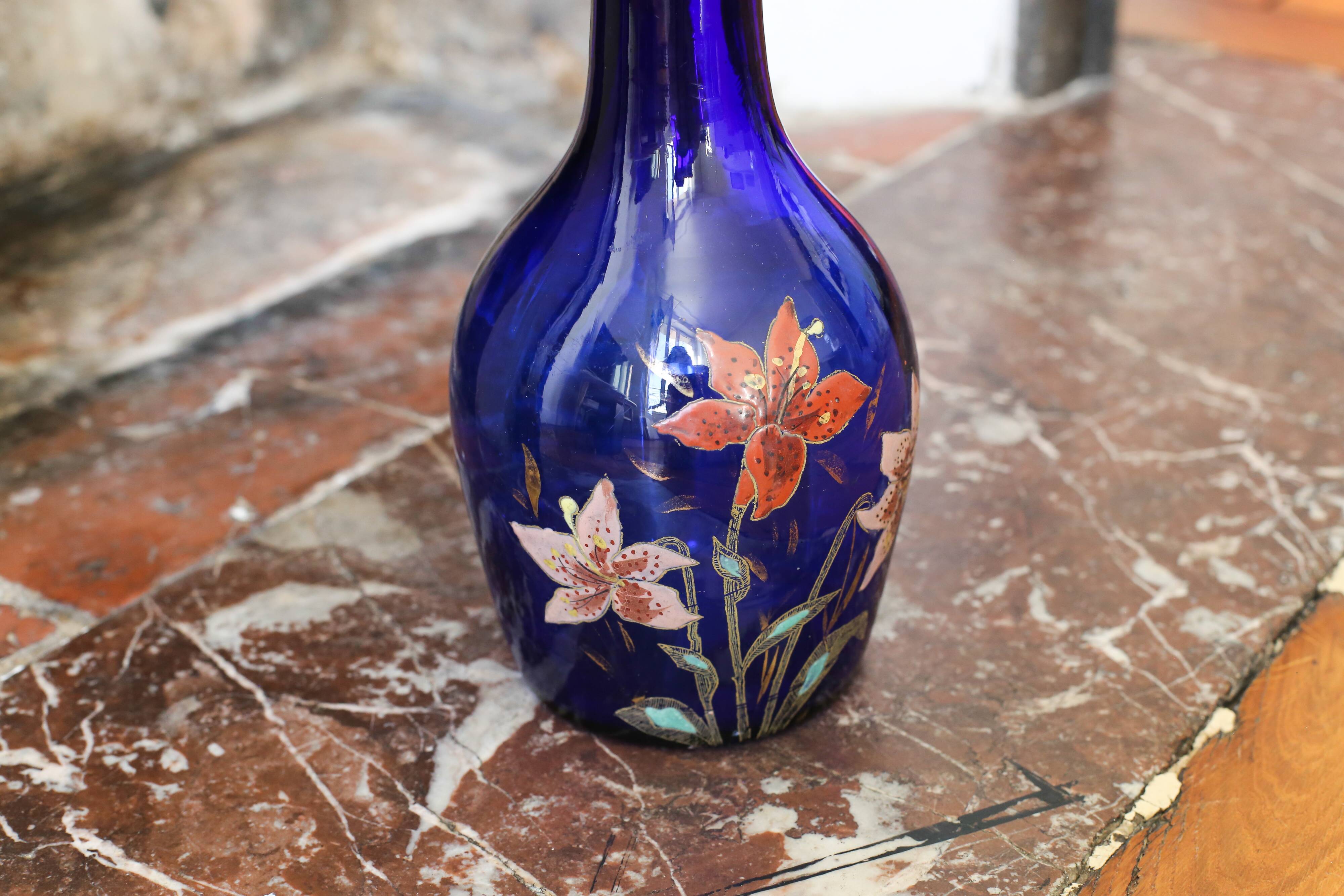 Legras vase, late 19th century, navy blue glass, enamelled with fleur-de-lis.