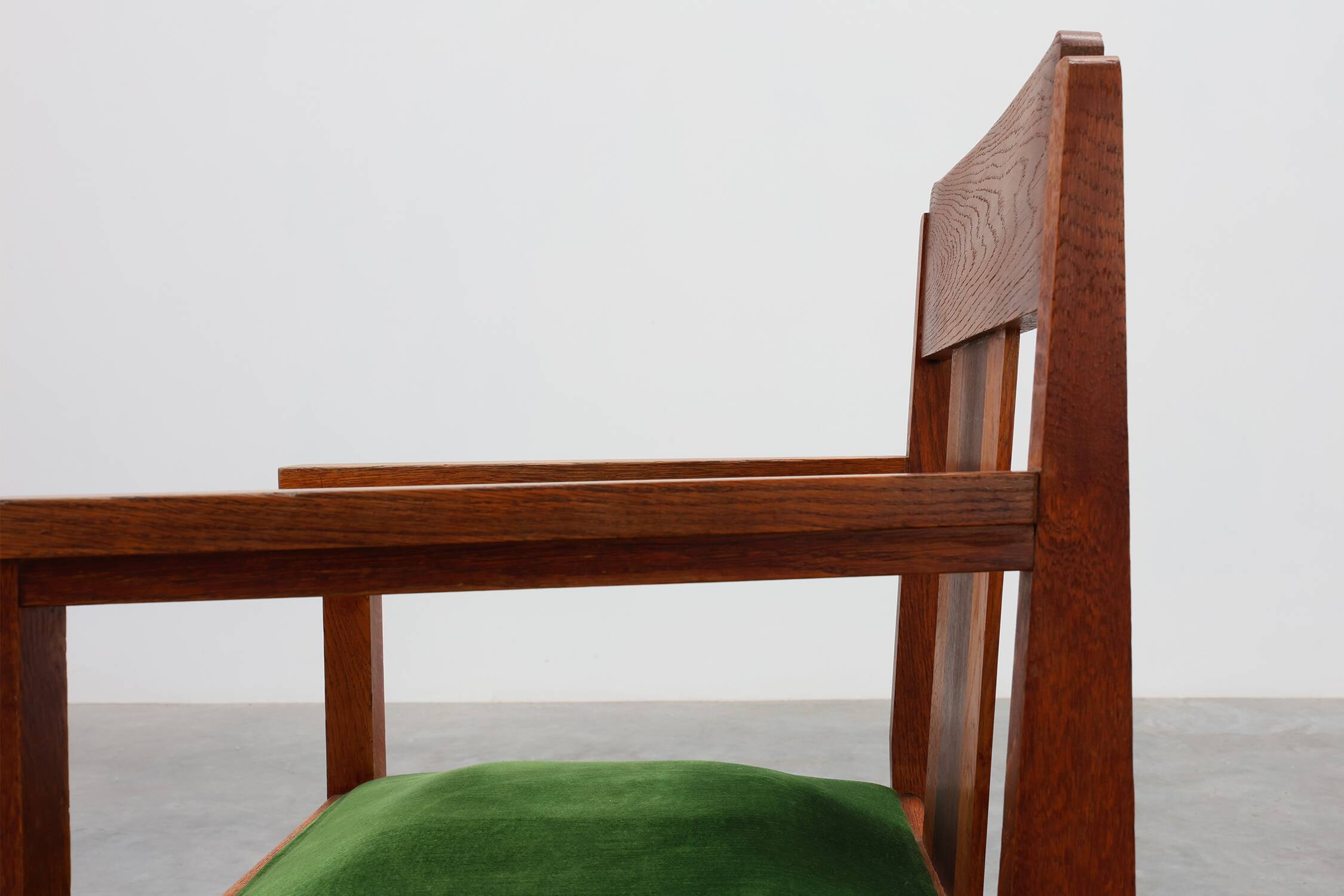 Amsterdamse school oak and velvet side chair, The Netherlands 1920s