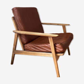 Fauteuil bois et cuir scandinave