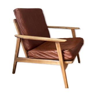 Fauteuil bois et cuir scandinave