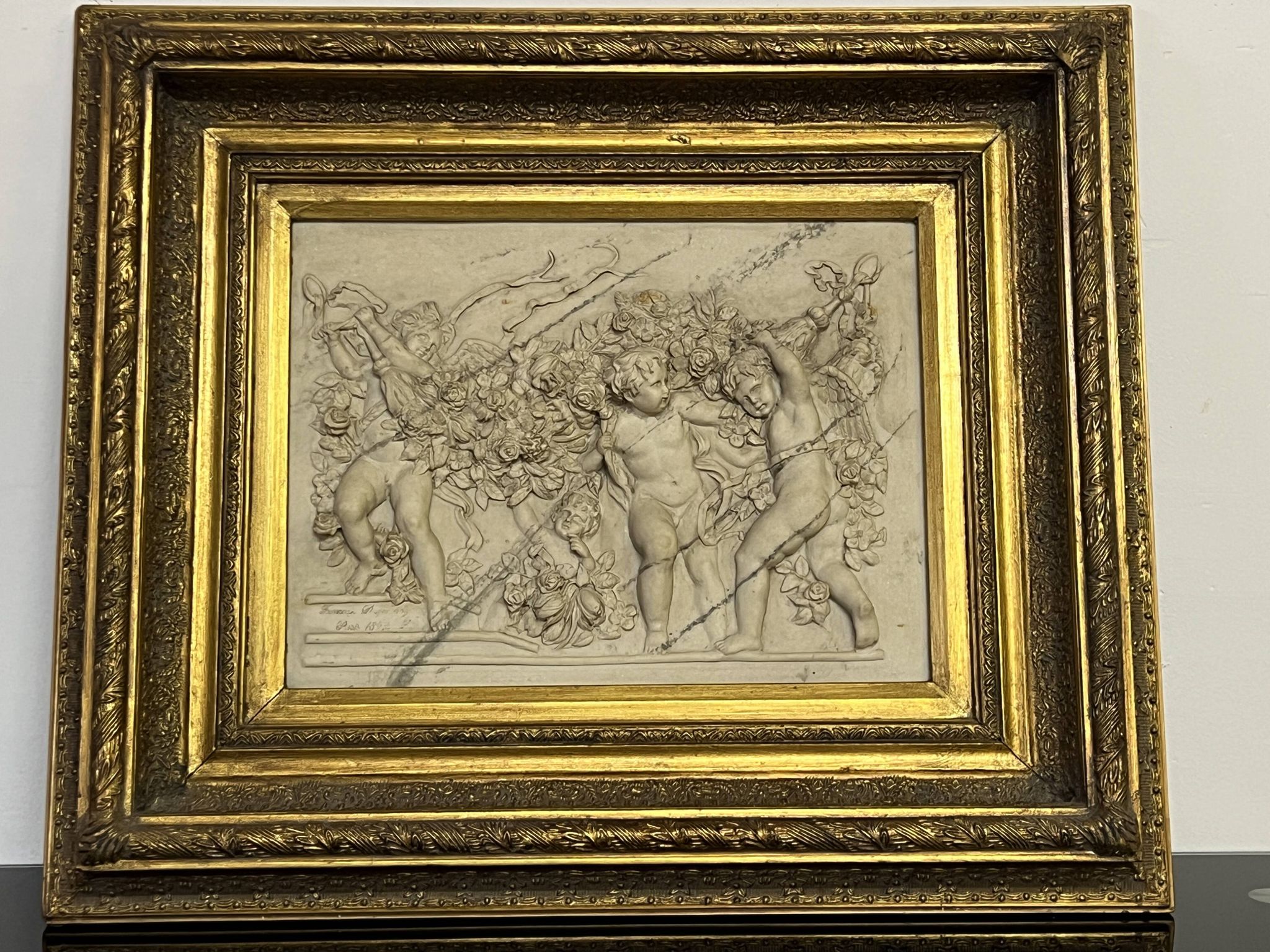 Marble high relief by François Duquesnoy "Putti, garlands and flowers" Paris, 1892