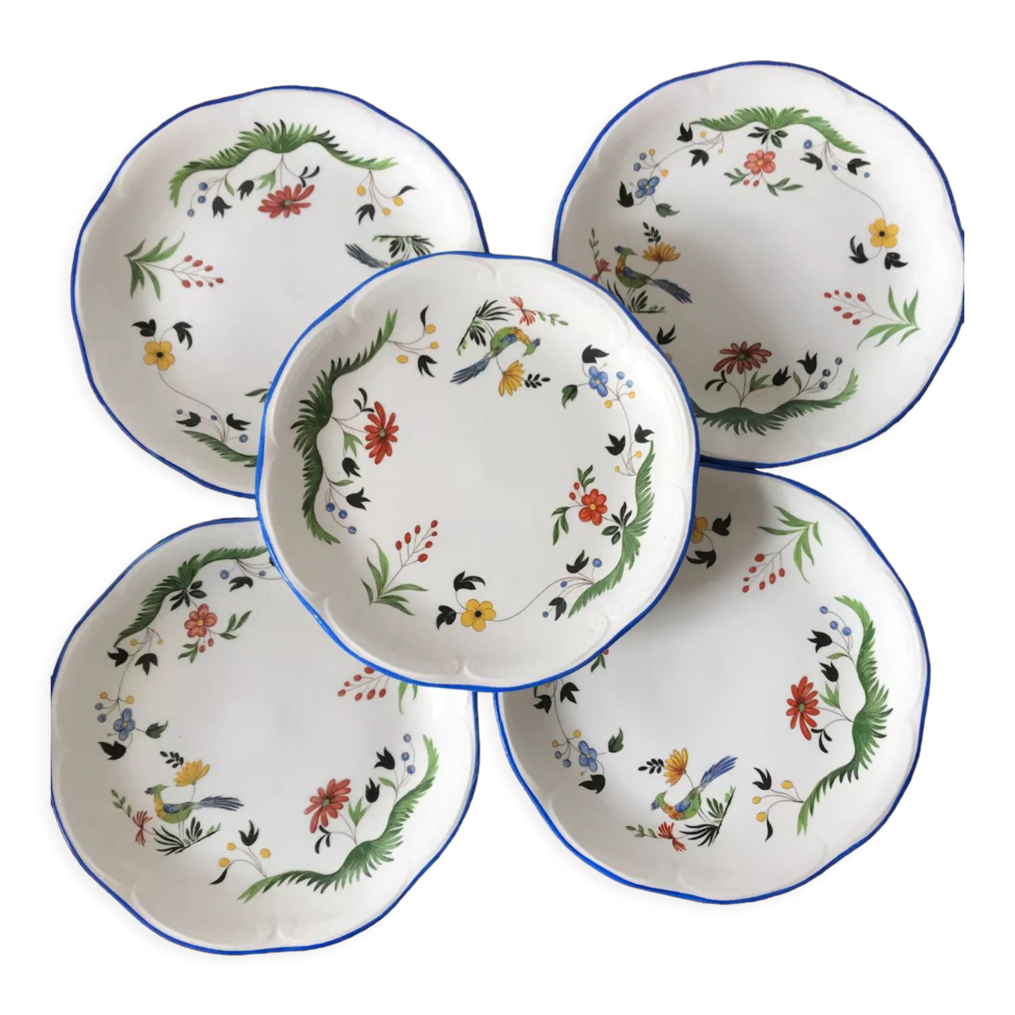 Lot dessert plates Birds of Pardadis Gien
