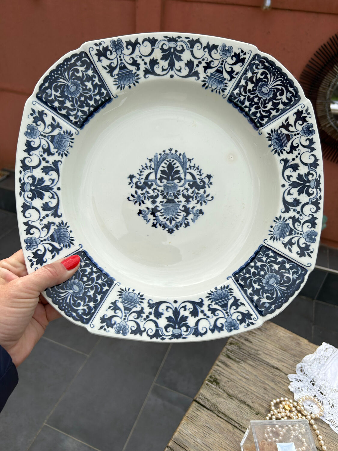 Blue square dish or Gien blue ibis