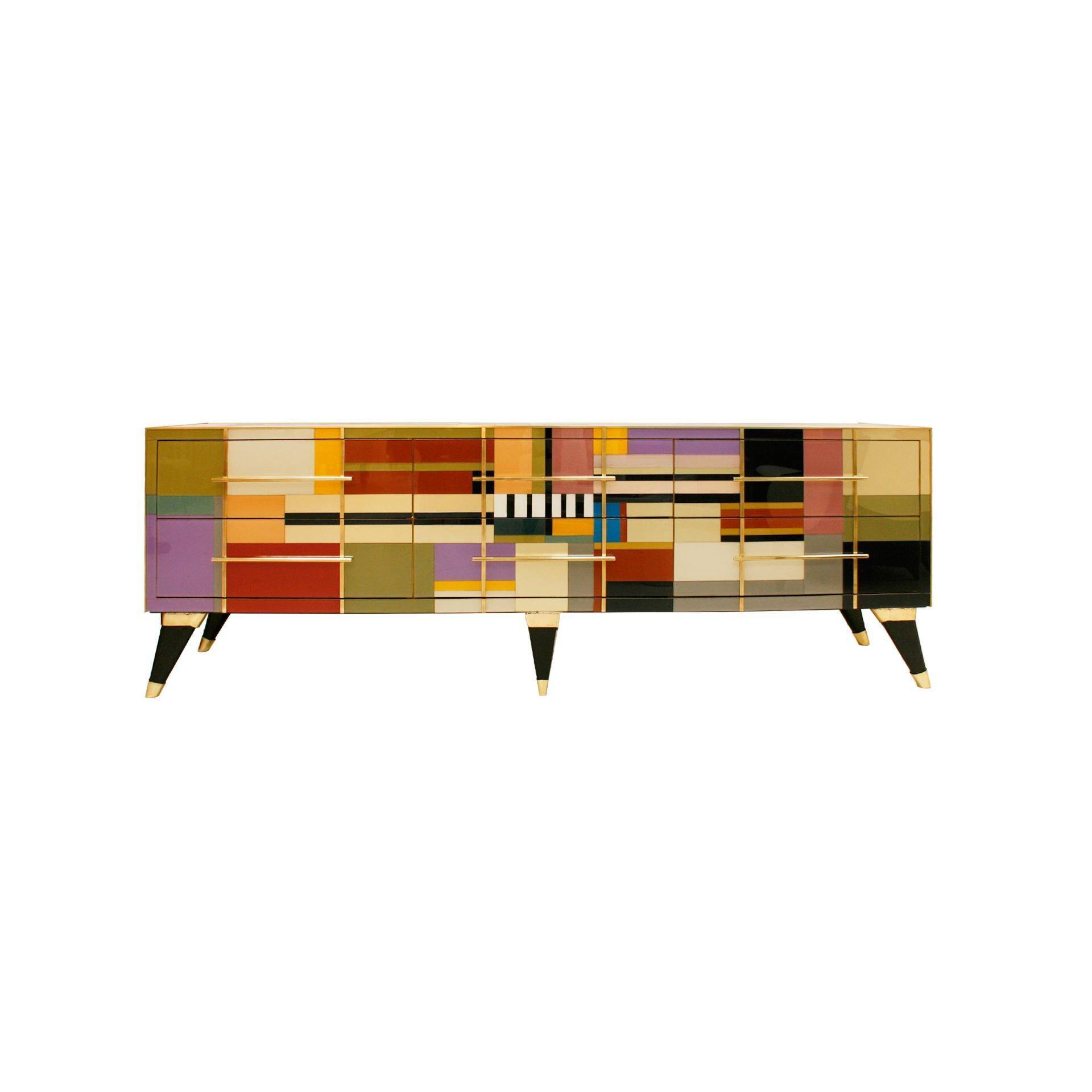 Mid Modern Style Italian Sideboard, Solid Wood & Colored Glass, Six Drawers