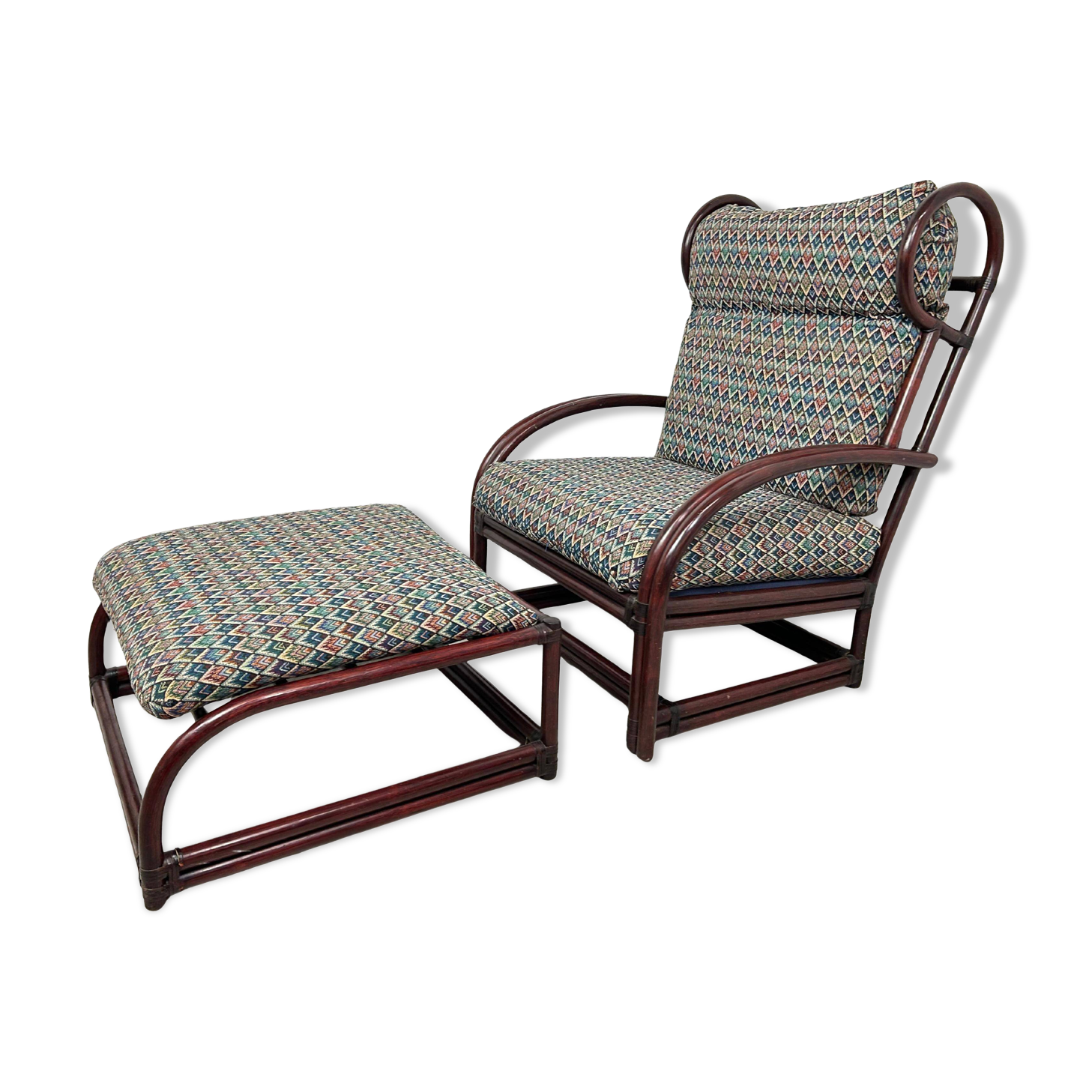 Fauteuil à oreilles en bambou de style milieu du siècle avec tabouret par Gervasoni