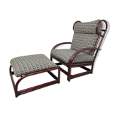 Mid-century bamboo wingback chair with ottoman by Gervasoni.