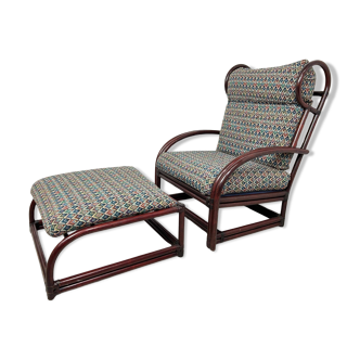 Mid-century bamboo wingback chair with ottoman by Gervasoni.
