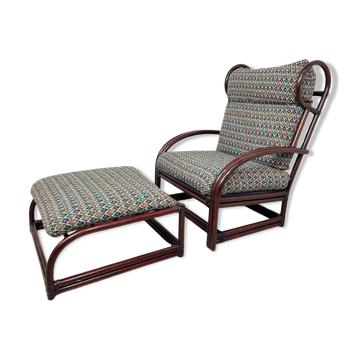 Mid-century bamboo wingback chair with ottoman by Gervasoni.