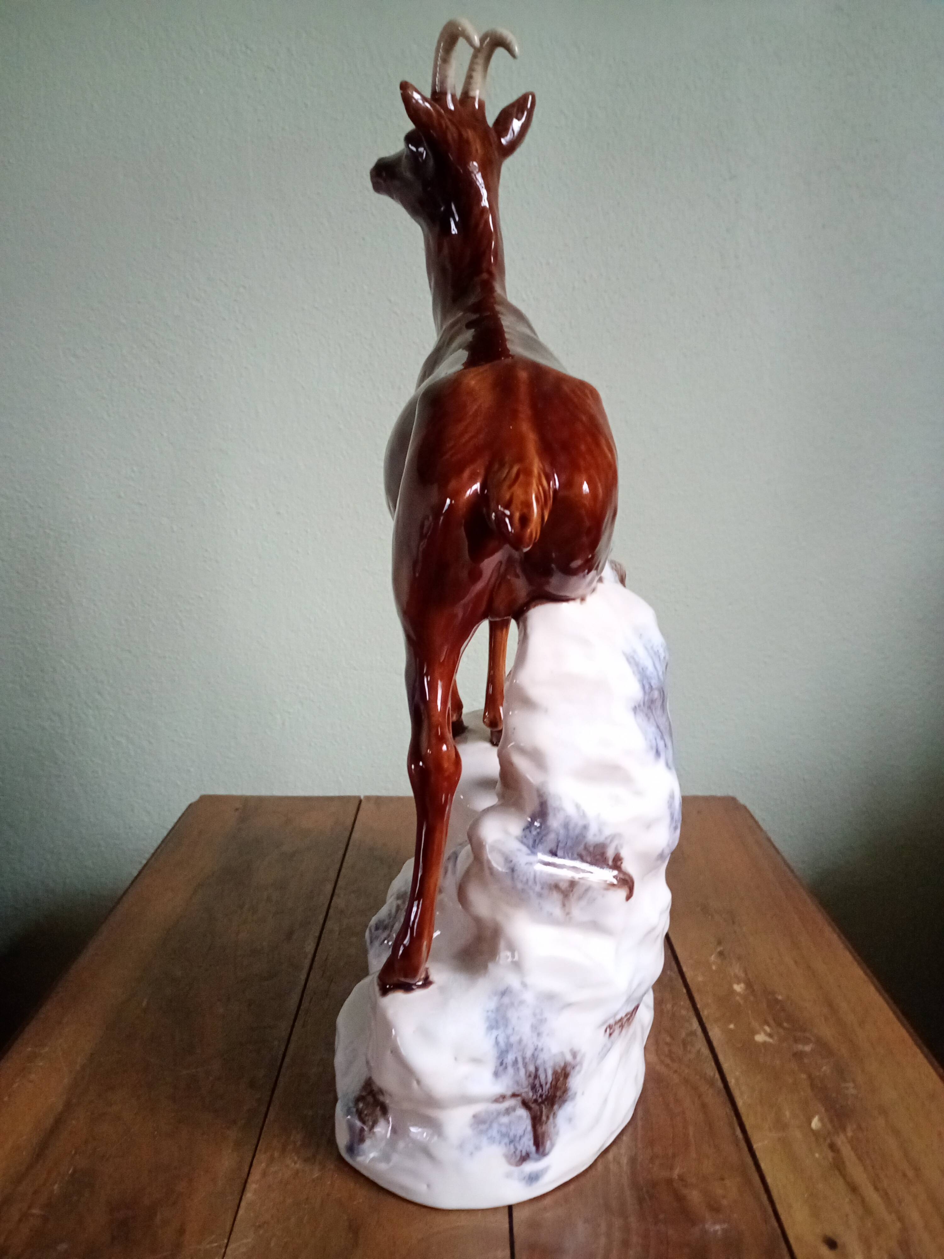 CHAMOIS animal statuette on a rock - enameled ceramic