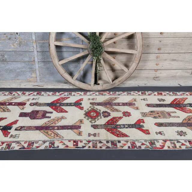 Vintage Turkish Oushak Handmade Wool Cotton White Runner Rug 111x343