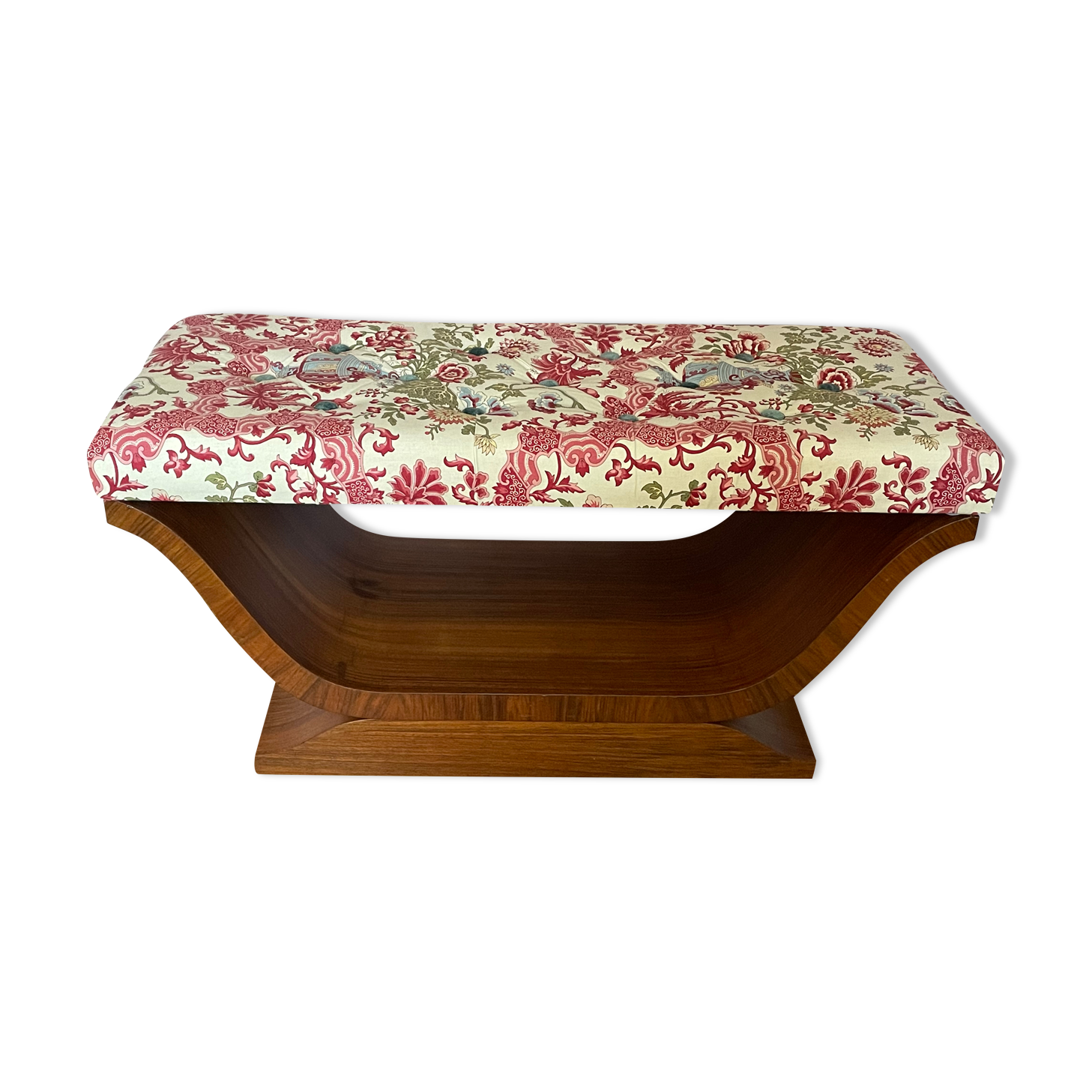 Art-deco walnut bench with floral fabric