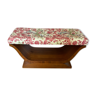 Art-deco walnut bench with floral fabric