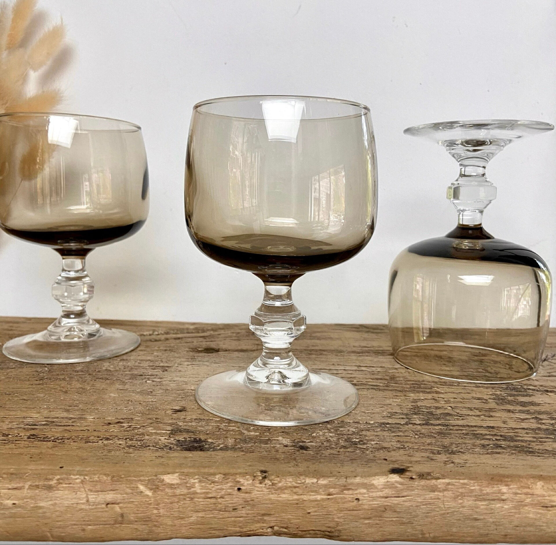 6 vintage smoked stemmed glasses