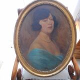 Tableau ancien ovale, portrait femme sur toile, fin 19ème début 20ème